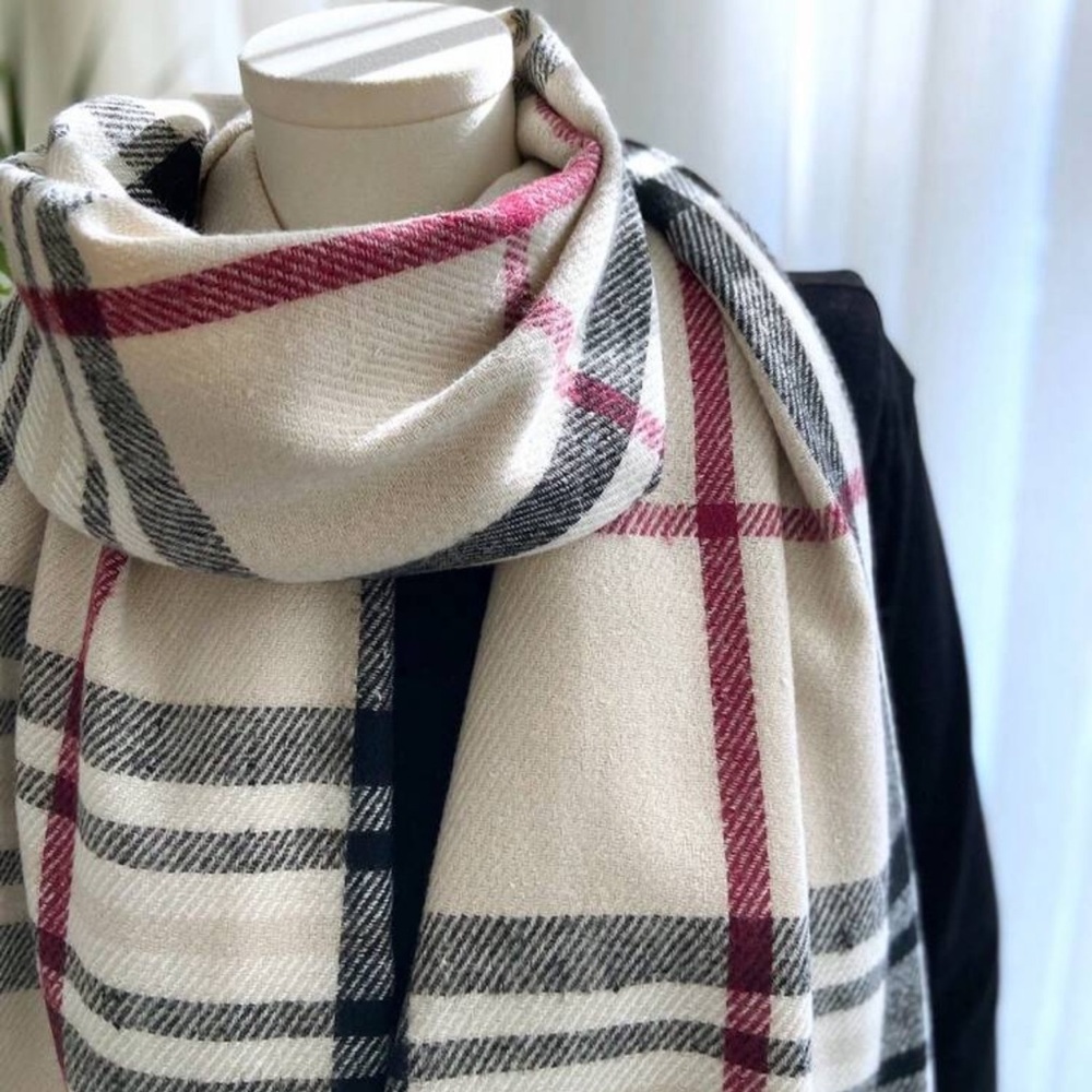 Plaid Fringe Scarf - Cream, Black, Red - Picture 2 of 8